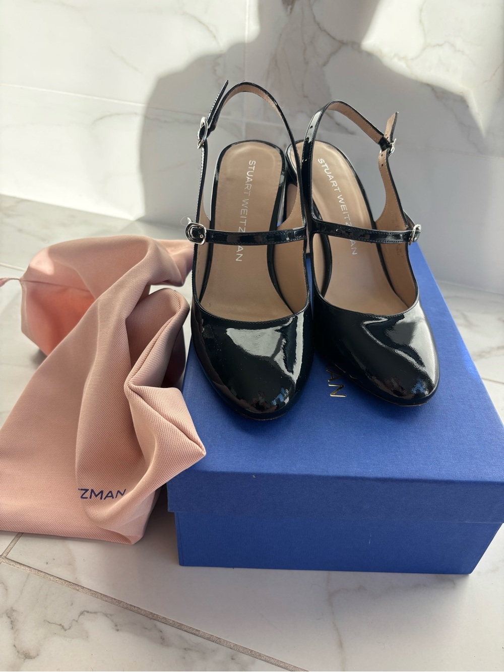 Stuart Weitzman Blue Babette Patent Mary Jane Sling Heels
